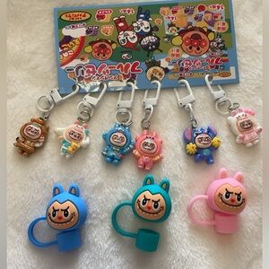 Cute Labubu Character Charm Keychains and Straw Topper Set